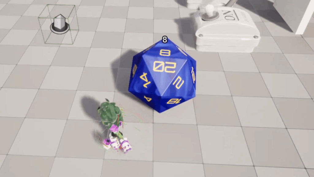 This is a working dice mechanic I developed. Players can activate it by hitting the dice or by entering a collision box linked to it. Once the dice comes to rest, a floating number widget appears above it to display the rolled value.