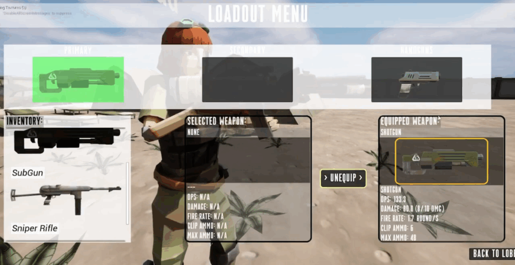 This is the weapons menu I created, featuring up to twelve guns across six different weapon types. Each weapon has its own unique damage values, fire rate, recoil pattern, and ammo capacity, giving players a variety of playstyles to choose from.
